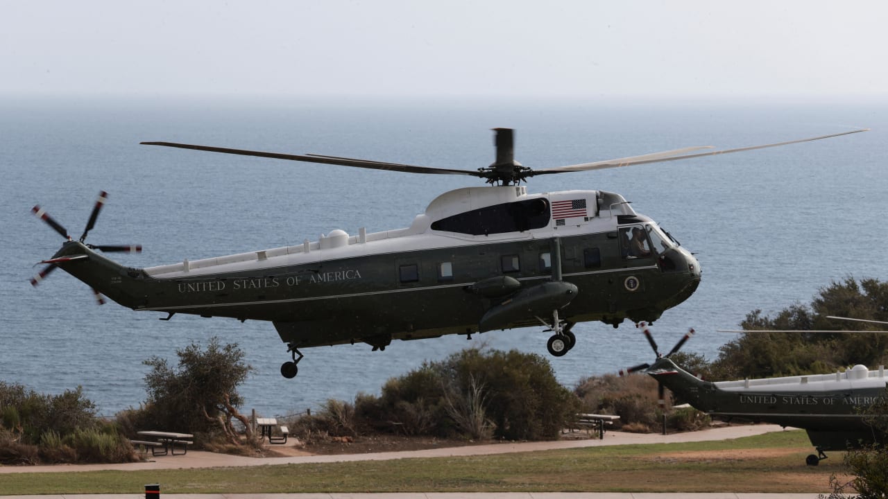 Marine One carrying US President Donald Trump arrives at the Trump National Golf Club Los Angeles in Rancho Palos Verdes, California, US, August 4, 2026. 