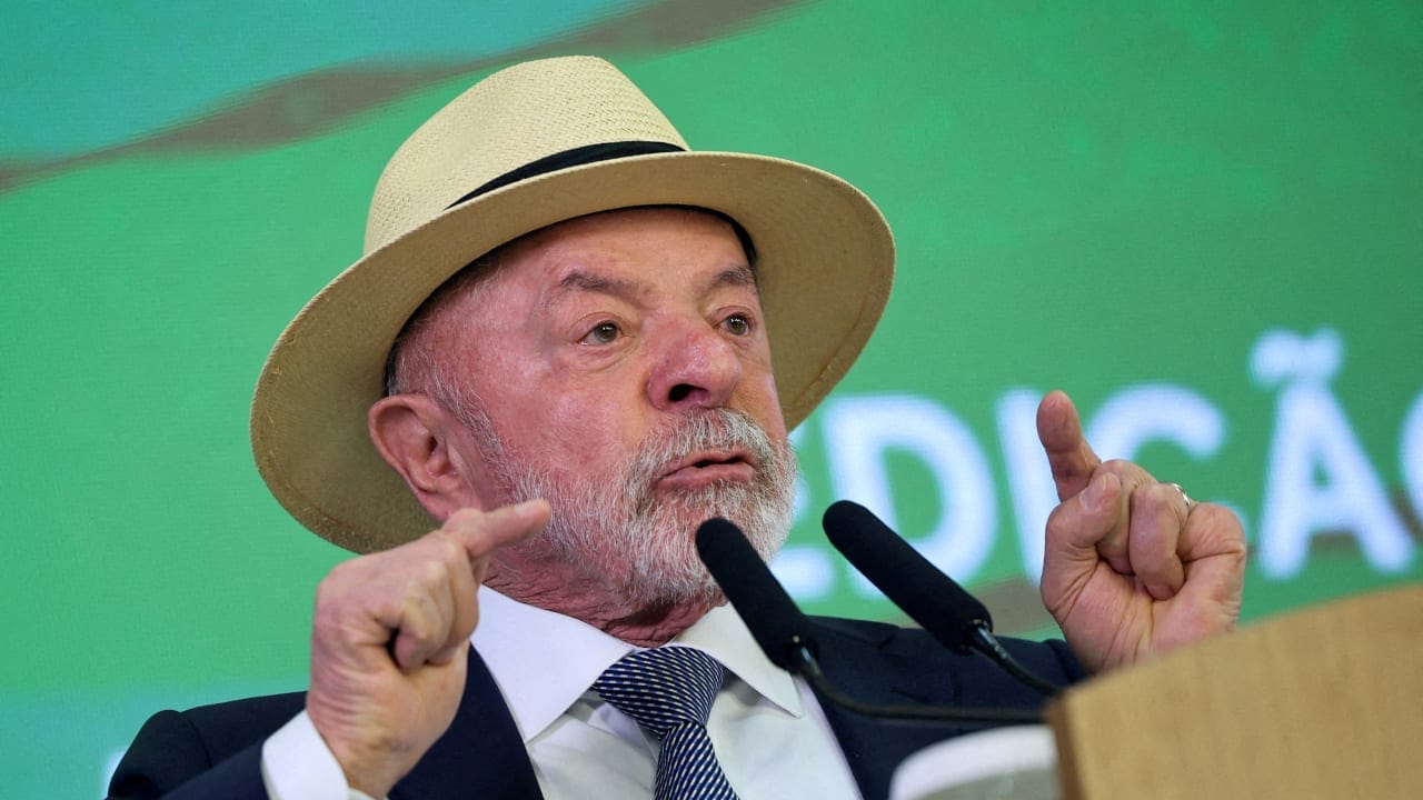 Brazil's President Luiz Inacio Lula da Silva speaks during a ceremony to sign into law a bill establishing a line of credit for companies affected by new tariffs imposed by the U.S. government, at the Planalto Palace in Brasilia, Brazil, July 22, 2026. 