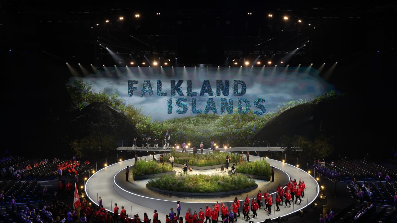 A GENERAL view of Team Falkland Islands as they take part in the athletes’ parade during the opening ceremony ahead of the Glasgow 2026 Commonwealth Games at The Hydro in Scotland, in July 2026.