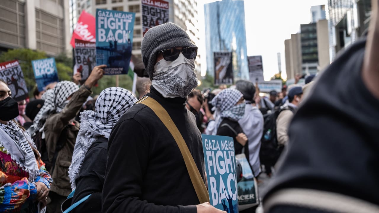  Pro-Palestine protesters demonstrate near the Consulate General of Israel during the second day of the Democratic National Convention on August 20, 2024 in Chicago, Illinois; Illustrative.