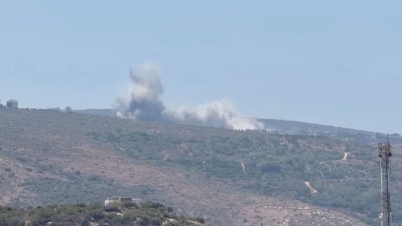 Smoke rises from a hill following Israeli air strikes, after the Israeli military issued an evacuation warning to the village of Mansouri, Lebanon, August 5, 2026.