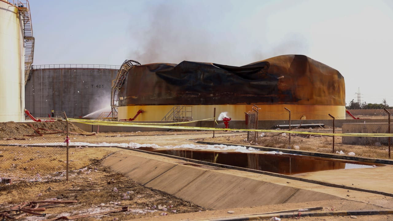 A fuel tank after fire was extinguished at the Zawiya oil complex following drone strikes, in Zawiya, Libya, August 12, 2026.