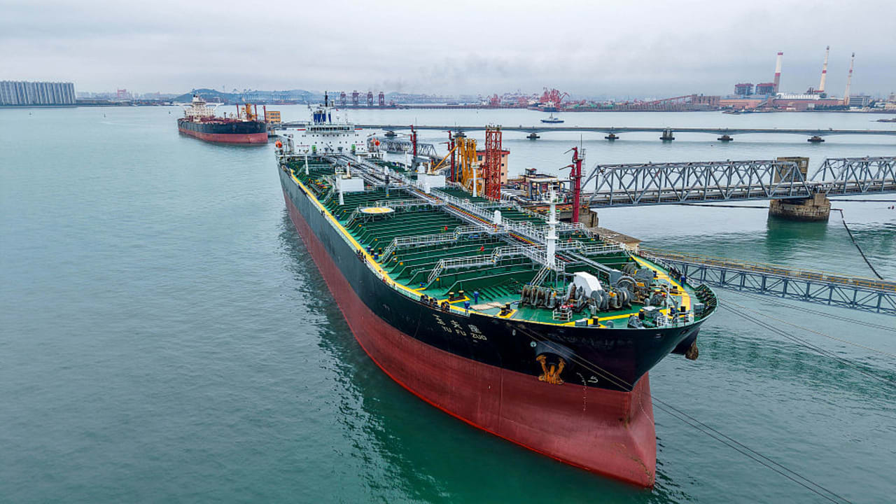 An Oil tanker named Yu fu Zuo unload imported crude oil at the crude oil terminal of in Qingdao port, in China's eastern Shandong province on July 16, 2026.