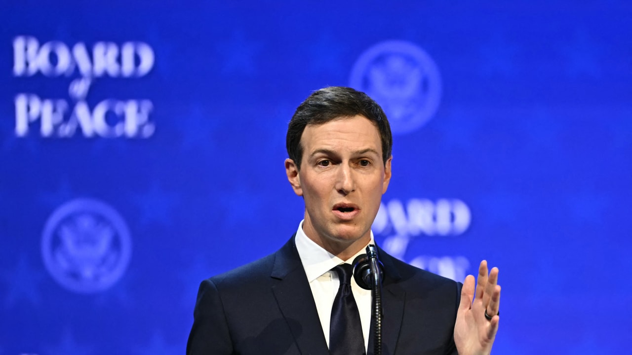 Jared Kushner speaks at the Board of Peace meeting during the World Economic Forum (WEF) annual meeting in Davos on January 22, 2026; illustrative.