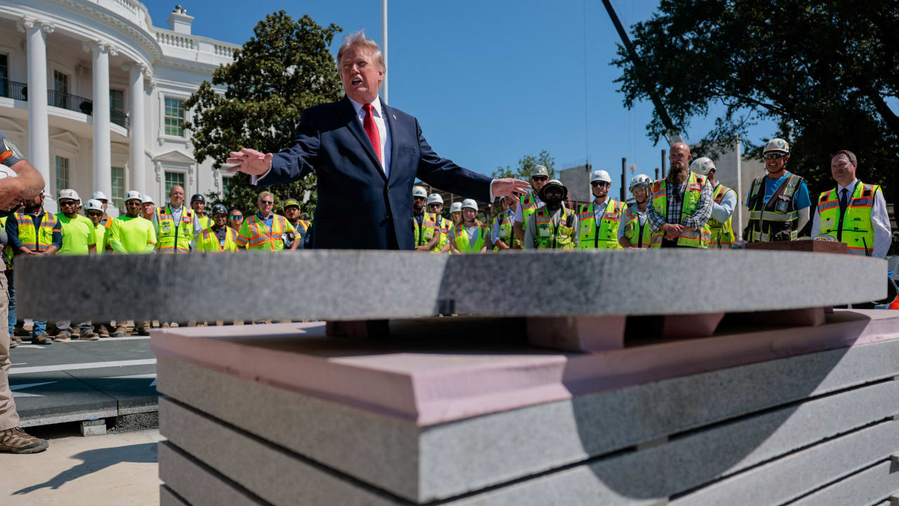 US President Donald Trump speaks about the helipad being constructed on the South Lawn, at the White House in Washington, DC, US, August 19, 2026.