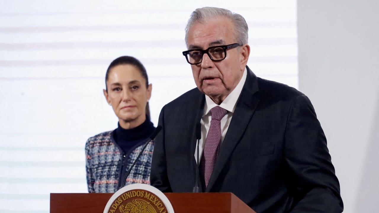 Sinaloa Governor Ruben Rocha speaks to the media during a press conference next to Mexican President Claudia Sheinbaum at the National Palace, in Mexico City, Mexico, June 26, 2025.