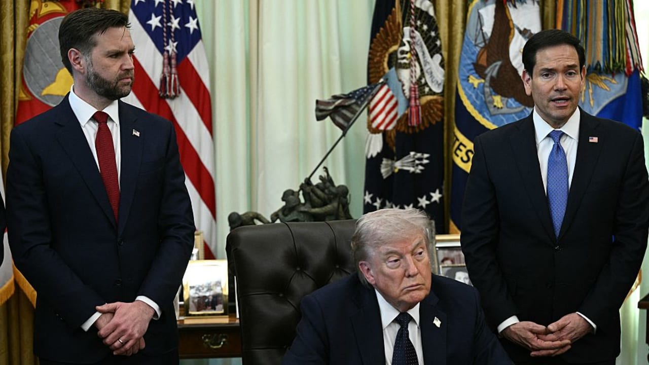 L-R) US Vice President JD Vance and US President Donald Trump listen to US Secretary of State Marco Rubio speak during a meeting with Lebanon Ambassador to the US and Israel Ambassador to the US, at the White House in Washington, DC on April 23, 2026. 