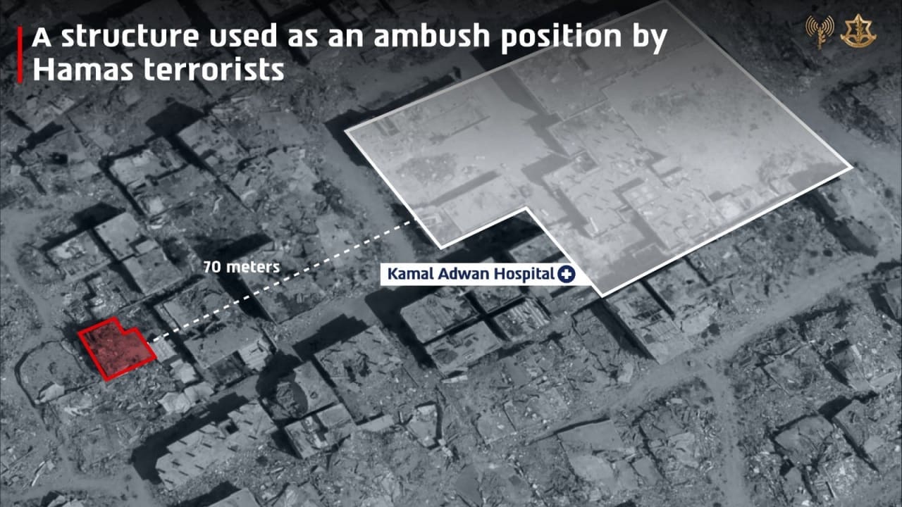 A structure used by Hamas as an ambush position approximately 70 meters from Kamal Adwan Hospital.