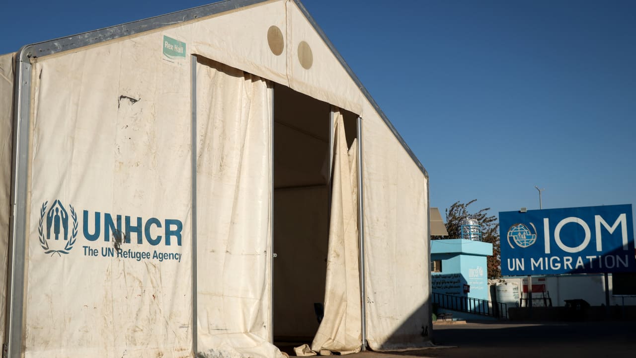 A closed registration centre of the United Nations High Commissioner for Refugees (UNHCR) at the Zero Point Islam Qala border crossing between Afghanistan and Iran, in Herat province, on November 5, 2025.