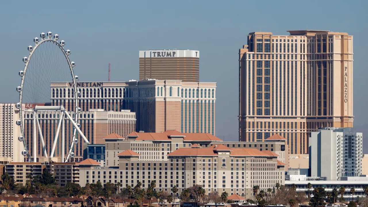 The High Roller Ferris wheel, left, Venetian Hotel and Casino, Trump International Hotel Las Vegas and The Palazzo at The Venetian Resort. 