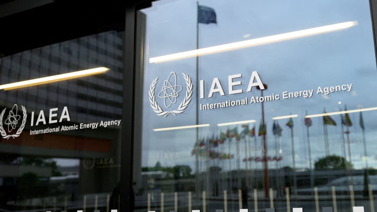 The IAEA logo is displayed in front of the agency’s headquarters in Vienna, Austria, June 5, 2026. 