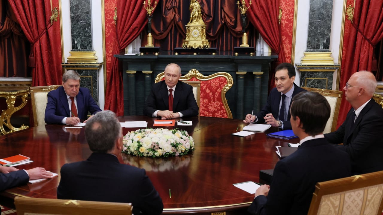 Russian President Vladimir Putin, Kremlin foreign policy adviser Yuri Ushakov and Russian presidential envoy Kirill Dmitriev attend a meeting with US Special Envoy Steve Witkoff and Jared Kushner, U.S. President Donald Trump's son-in-law, at the Kremlin in Moscow, Russia, September 5, 2026.
