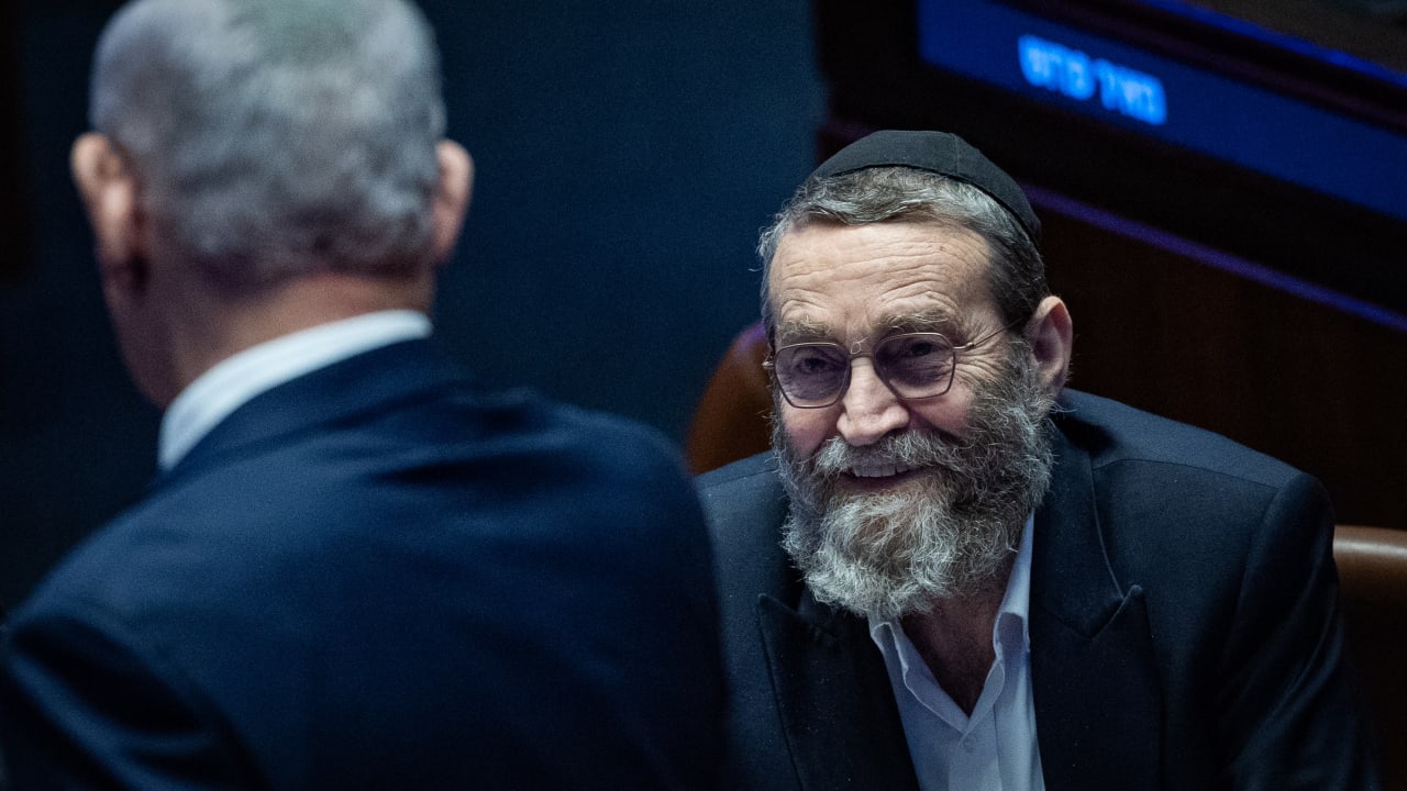 Prime Minister Benjamin Netanyahu seen with United Torah Judaism (UTJ) MK Moshe Gafni during a 40-signatures debate, at the plenum hall of the Knesset, in Jerusalem, November 10, 2025
