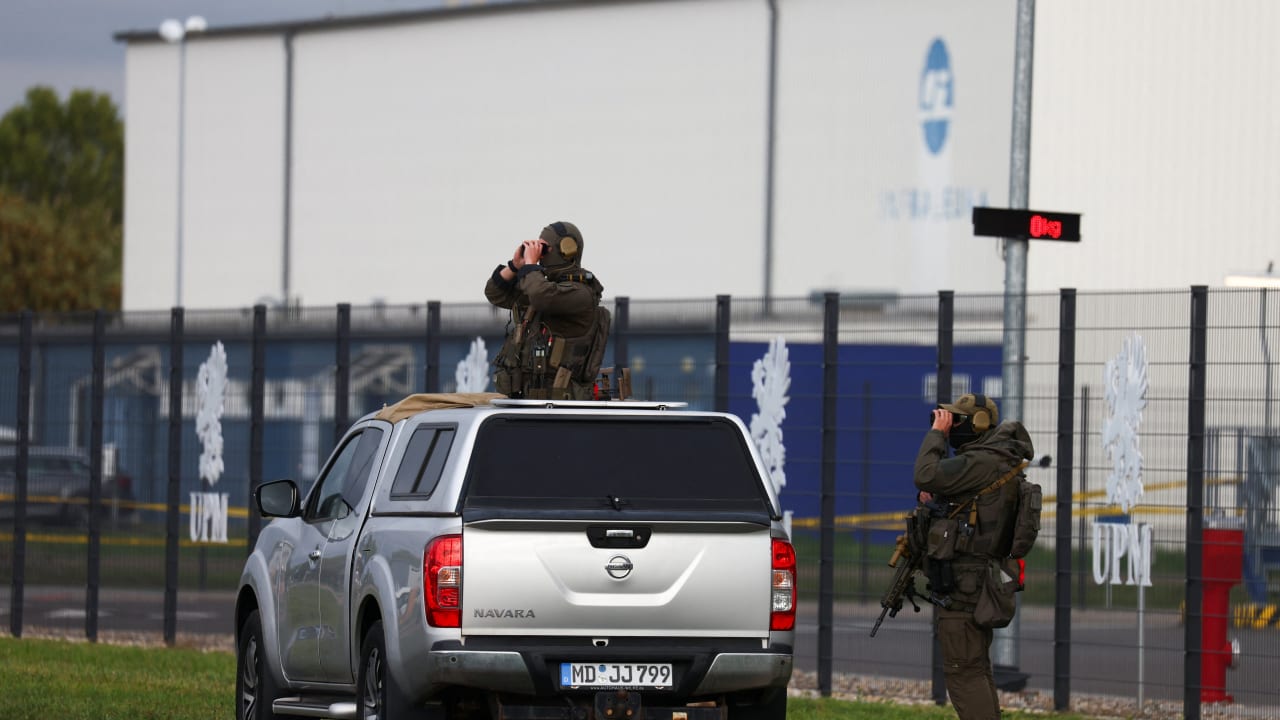 German special police forces secure the area on the day of German Chancellor and Christian Democratic Union (CDU) party leader Friedrich Merz, and Saxony-Anhalt State Prime Minister and top candidate Sven Schulze visit to UPM Biochemicals in Leuna, Germany, September 3, 2026. 