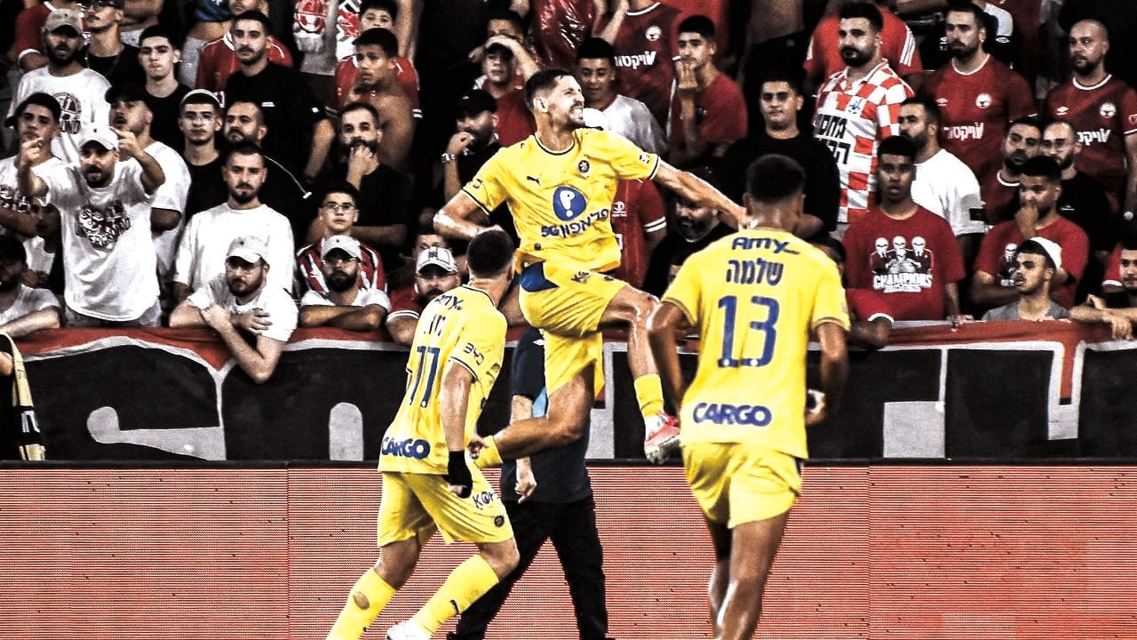MACCABI TEL AVIV'S Ester Sokler celebrates after scoring the second of his two goals in the yellow-and-blue’s 4-1 away Premier League victory over Hapoel Beersheba at Turner Stadium