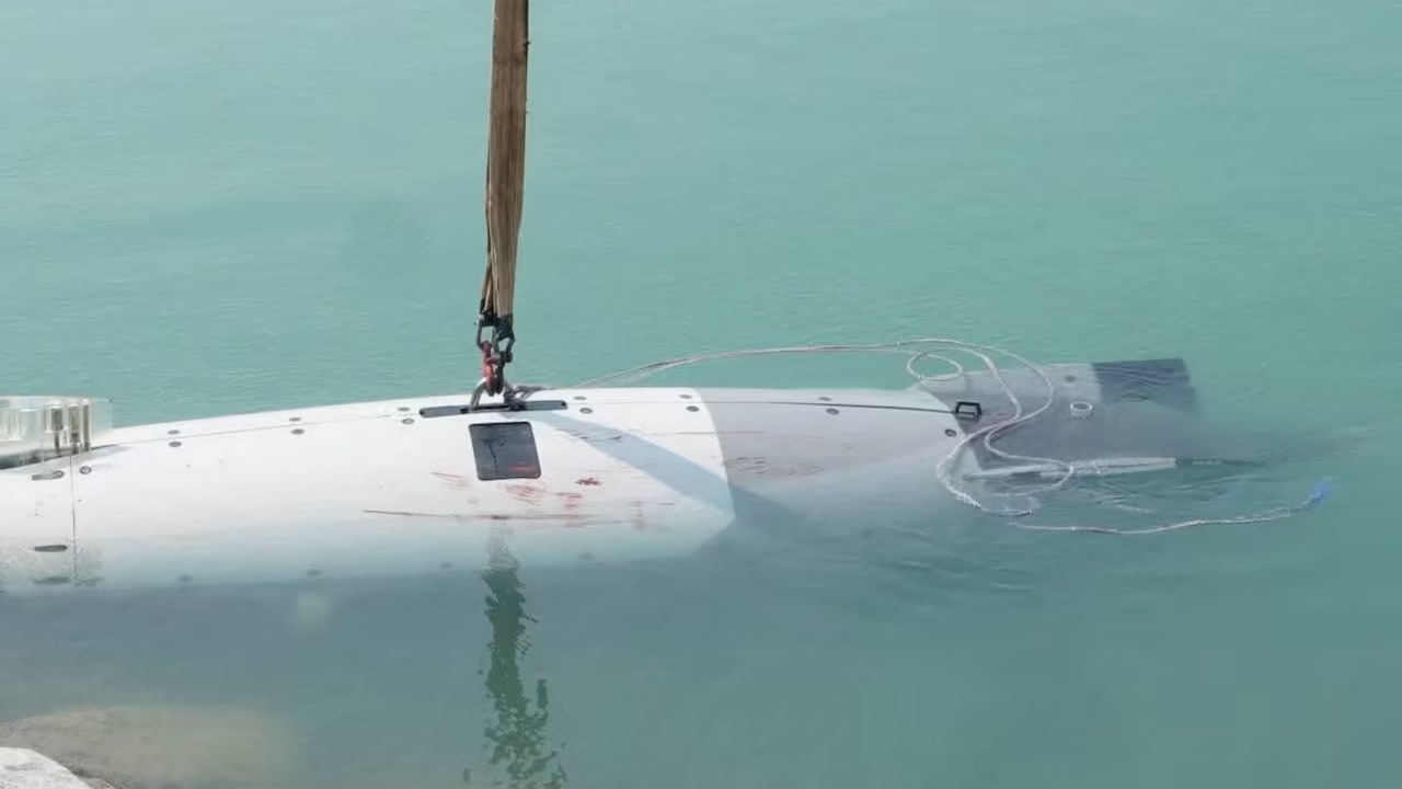 An unmanned US submersible Iran's Islamic Revolutionary Guard Corps says it captured at the entrance of the Strait of Hormuz, at an undisclosed location in Iran, in this picture obtained on September 8, 2026. 