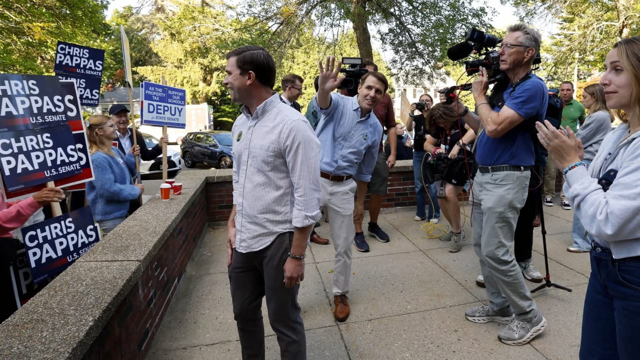 New Hampshire Democratic Senate Candidate Chris Pappas waves to supporters after he cast his ballot at a polling location on September 8, 2026 in Manchester, New Hampshire. 
