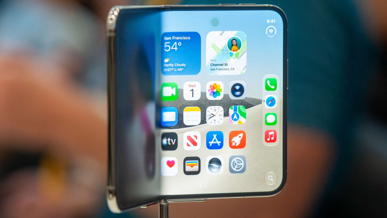 The new foldable iPhone Duo is displayed during an Apple event at the Steve Jobs Theater in Apple Park in Cupertino, California, on September 9, 2026.