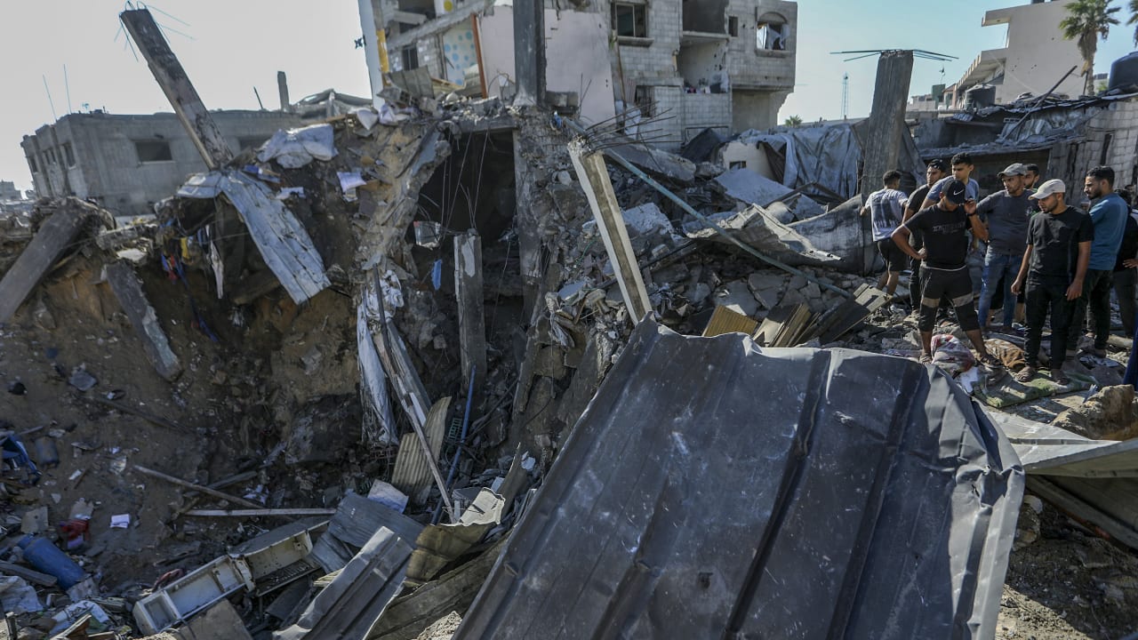 Palestinians inspect the site of an Israeli airstrike in Khan Yunis, southern Gaza Strip, September 9, 2026.
