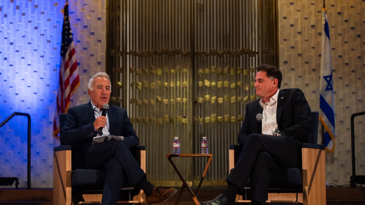 Former minister of strategic affairs Ron Dermer and World Jewish Congress Israel President Sylvan Adams speak at “Unite. Lead. Fight. - A Conversation with Ambassador Ron Dermer & Sylvan Adams,” in Los Angeles, California, on September 9, 2026.