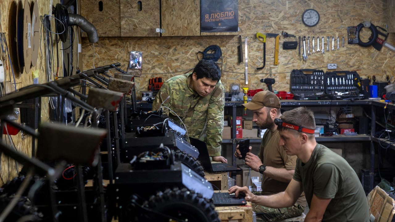 Soldiers of NC13, a unit of Ukraine’s Third Army Corps that specializes in the combat use of unmanned ground vehicles (UGV), prepare new vehicles for field use in a workshop in the Kharkiv region, Ukraine May 22, 2026.