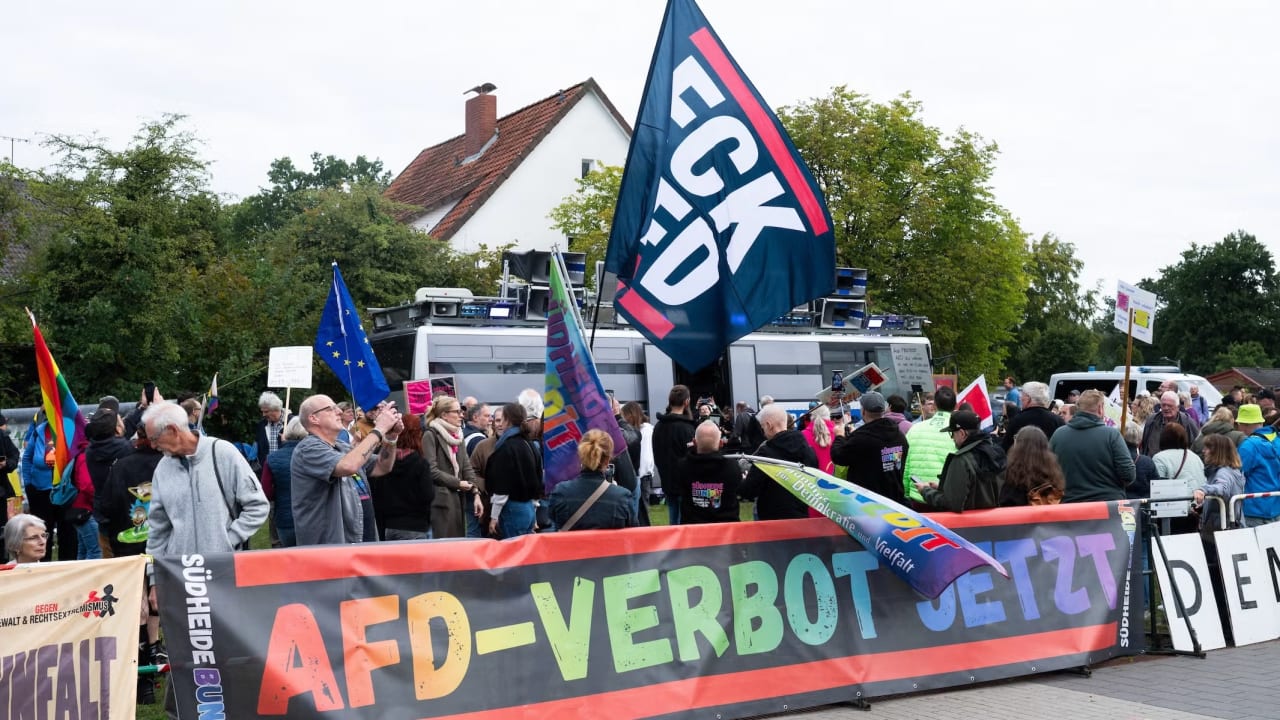 Demonstrators protest an AfD campaign event in Wietze, Lower Saxony, ahead of the local elections, Sept. 10, 2026. 