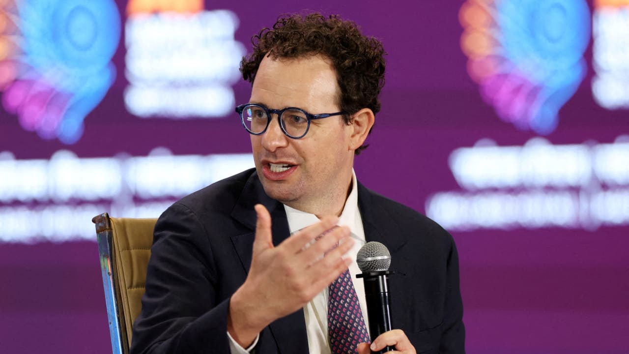 CEO of Anthropic Dario Amodei, addresses the gathering at the AI Impact Summit, in New Delhi, India, February 19, 2026.