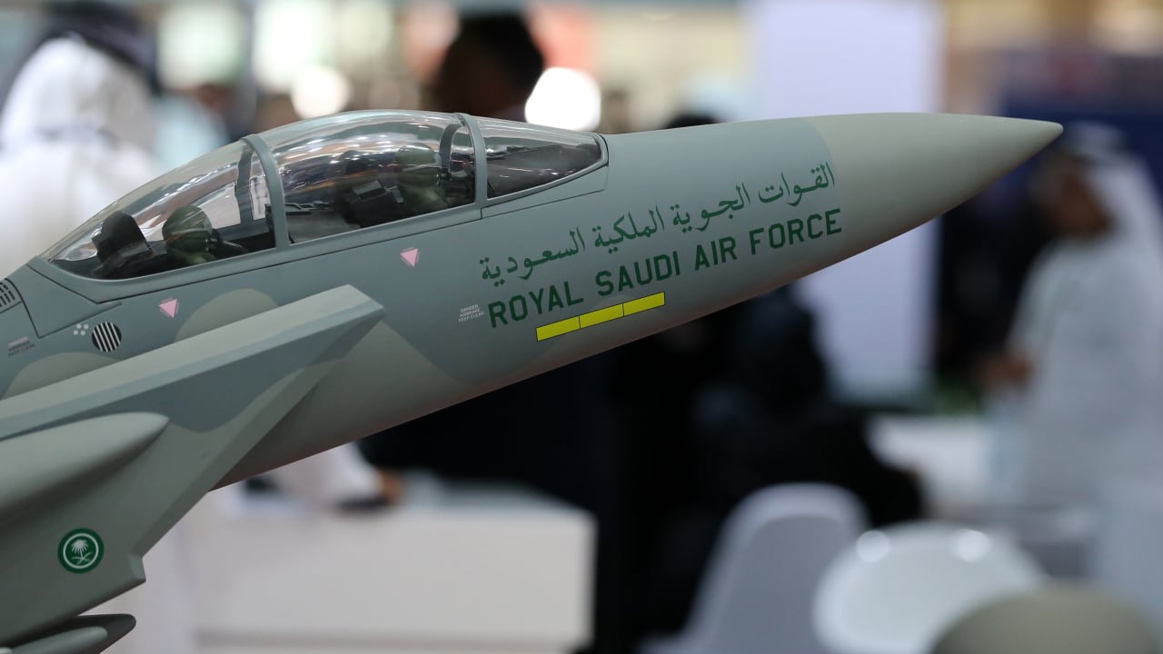 A model of a Saudi Royal Air Force F-15 fighter jet is seen during the Dubai Airshow on November 12, 2017, in the United Arab Emirates; illustrative.