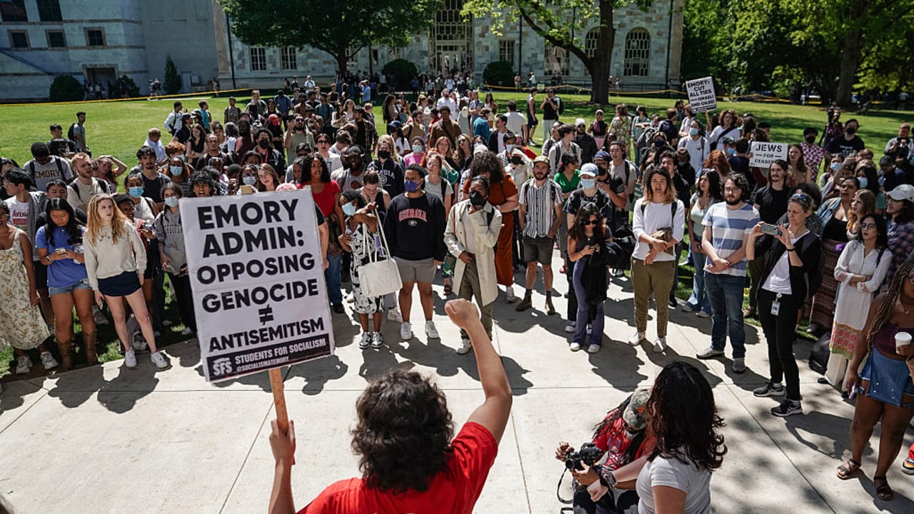 Pro-Palestinian students demonstrate on the campus of Emory University on April 25, 2024, in Atlanta, Georgia.