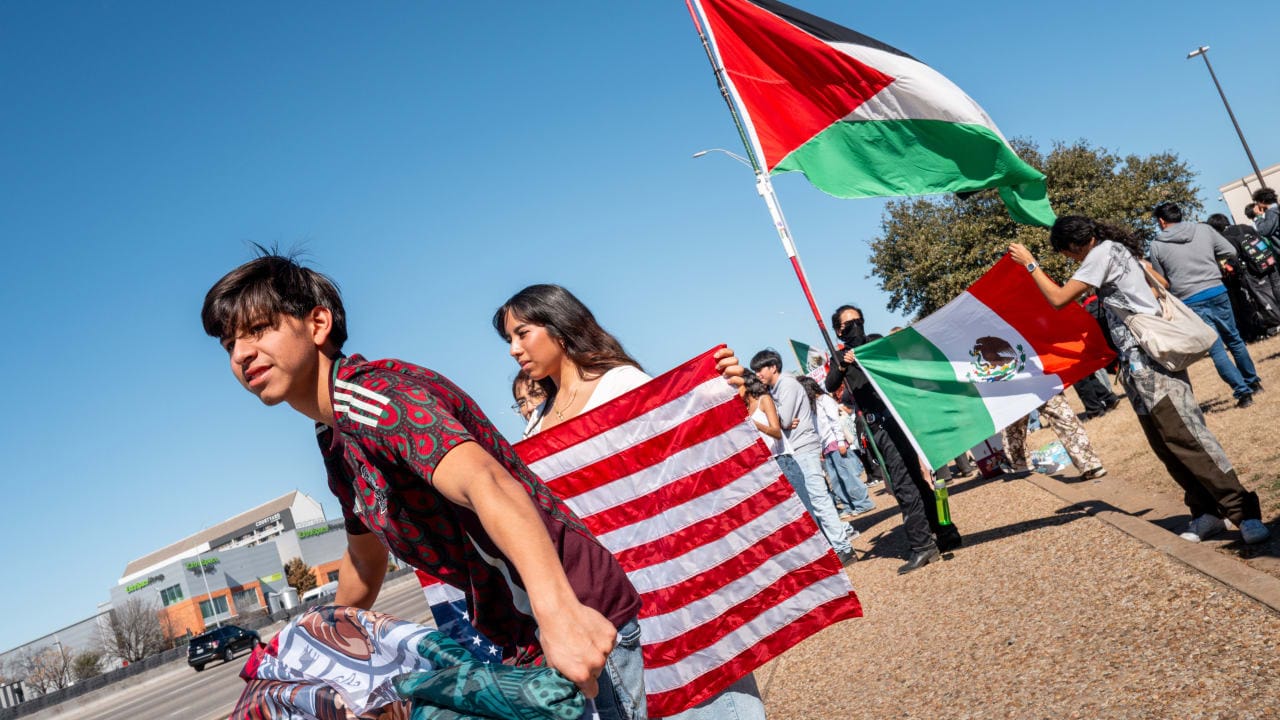 High school students rally during a walkout in protest against ICE on February 06, 2026 in Austin, Texas. 