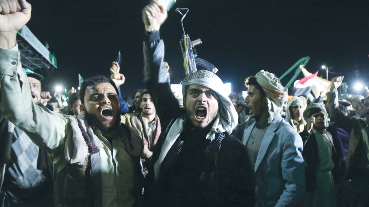 HOUTHI SUPPORTERS celebrate their forces’ advance at Bab el-Mandeb in Sanaa on September 11. Behind the group’s growing military reach lies a network of Iranian, Iraqi, and Lebanese expertise, with Russian and Chinese technology also playing a role. 