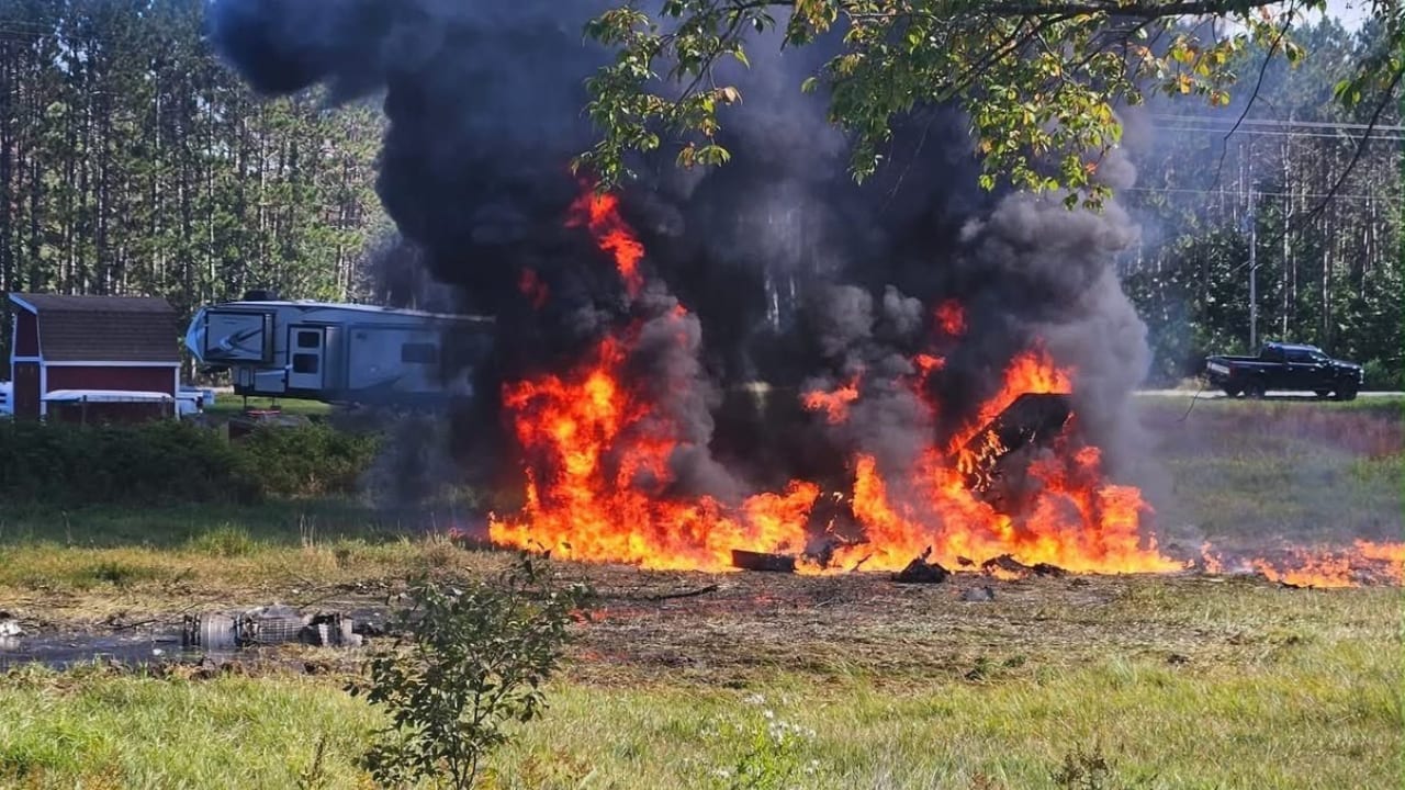 Scene of Texas National Guard F-16 military jet crash in Michigan, September 18, 2026.