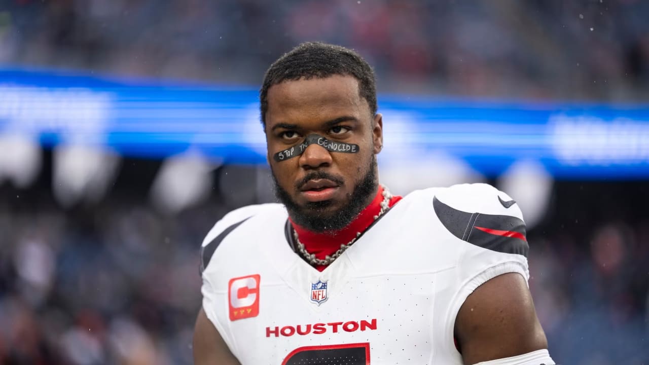 Azeez Al-Shaair of the Houston Texans looks on prior to a game at Gillette Stadium on January 18, 2026 in Foxborough, Massachusetts.