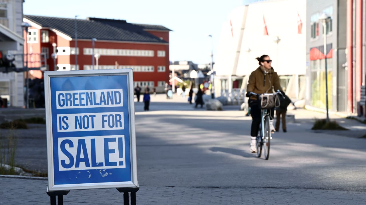 A sign reading "Greenland is not for sale!" in Nuuk, Greenland, September 22, 2026.