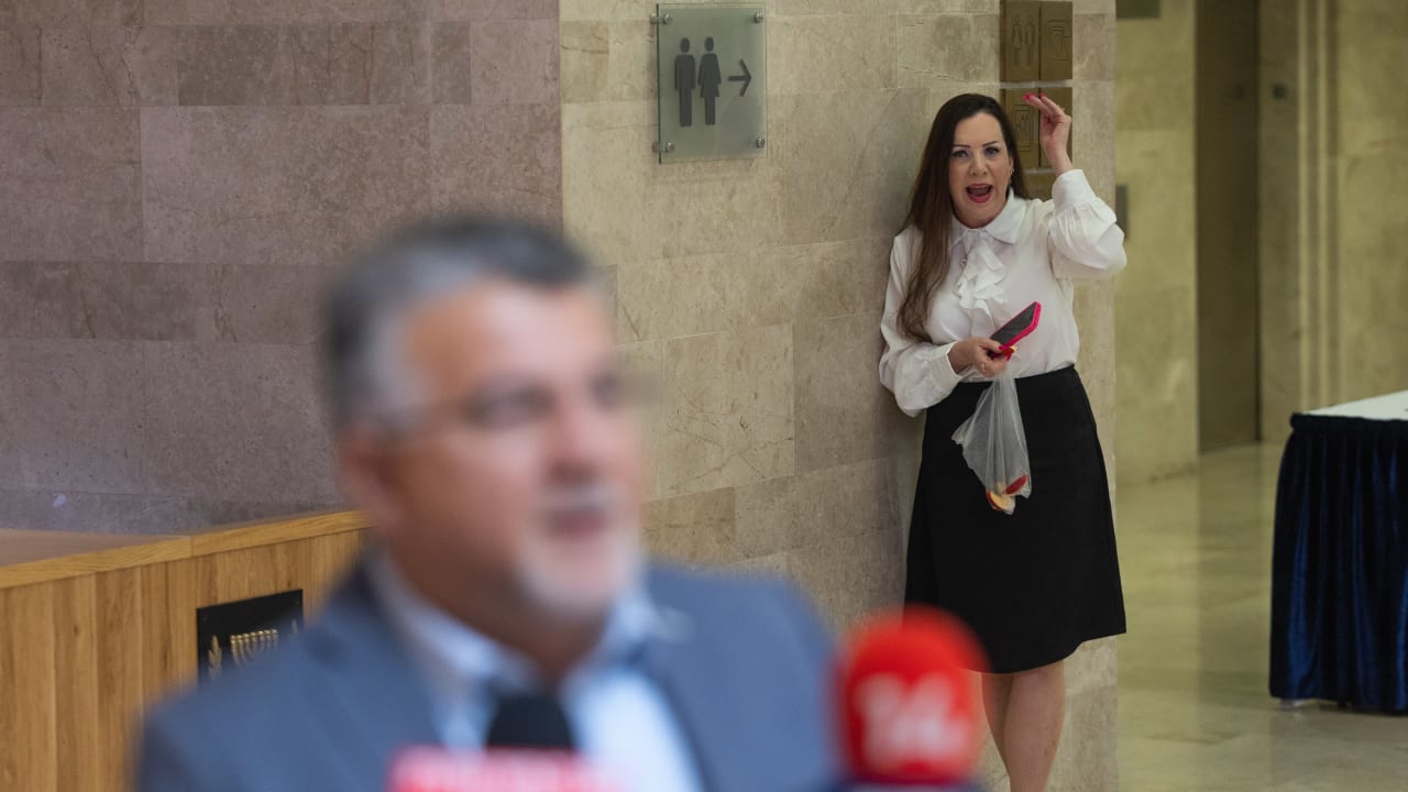 MK Tally Gotliv shouts at Joint List chairman Youssef Jabareen following a hearing on a request to disqualify the candidacy of Balad chairman Sami Abu Shehadeh at the Central Elections Committee at the Knesset in Jerusalem, September 23, 2026. 