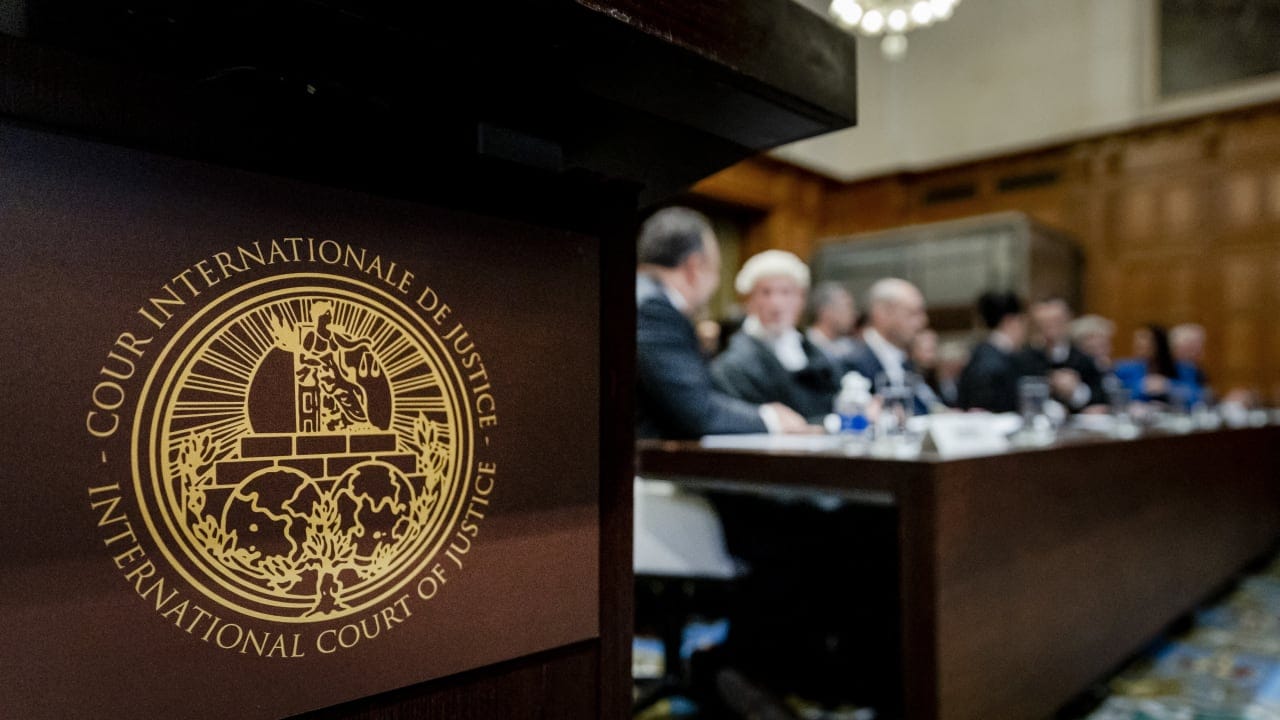 This general view shows the logo of the International Court of Justice (ICJ) in The Hague on January 12, 2024, prior to the hearing of the genocide case against Israel, brought by South Africa.