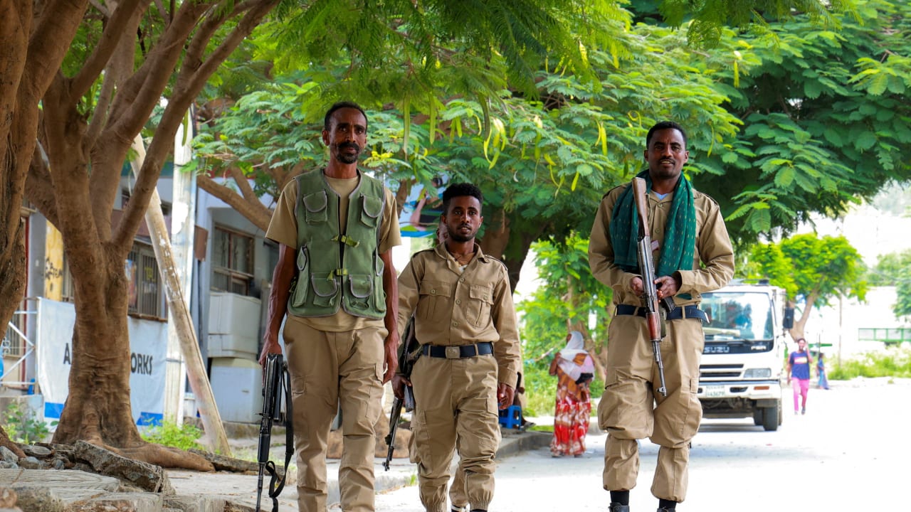 Members of the Tigrayan forces patrol along a street as tensions intensify after the forces launched a major offensive against the federal government in multiple locations, in Mekelle, Tigray Region, Ethiopia, September 24, 2026.