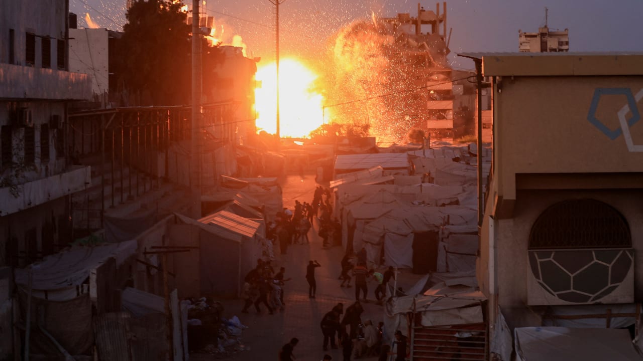 ILLUSTRATIVE: Smoke and flames rise after an Israeli airstrike hit a mosque in Gaza City, July 28, 2026