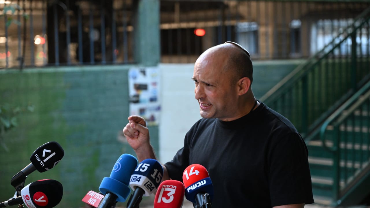 B'Yachad leader and former prime minister Naftali Bennett speaks at the Hostages Square, in Tel Aviv, September 29, 2026