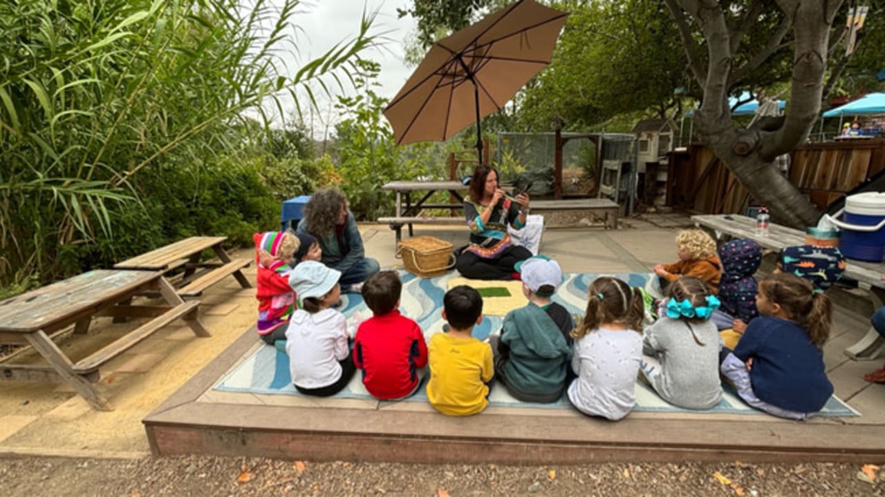 Jewish children are seen around a shofar.