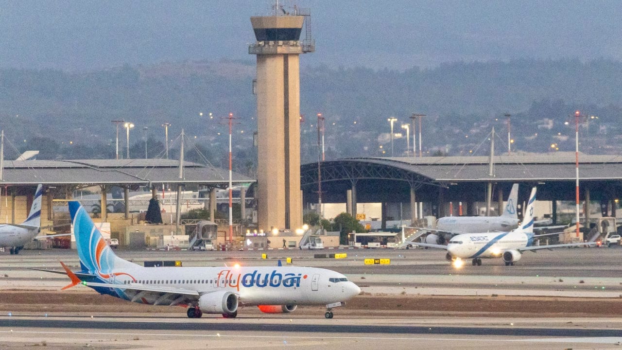 A flydubai plane carrying passengers from flight FZ1073 arrives at Ben-Gurion Airport near Tel Aviv, after a suspected terror attack aboard their original flight from Dubai to Israel forced an emergency landing in Saudi Arabia, September 30, 2026.