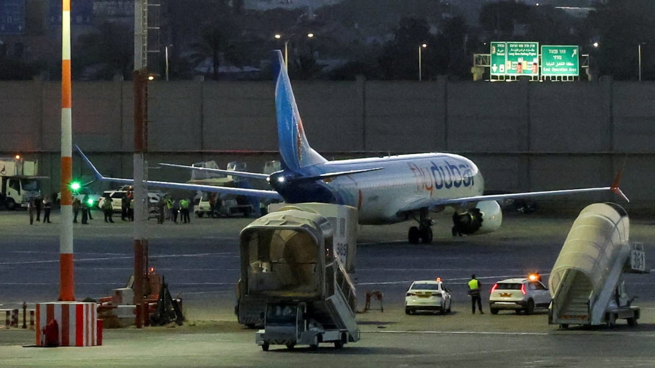 A plane, carrying passengers who were on the FlyDubai aircraft bound for Israel from the United Arab Emirates, which was diverted to Saudi Arabia following an emergency signal, on the tarmac as it arrives at the Ben Gurion International Airport, in Lod, near Tel Aviv, Israel, September 30, 2026.