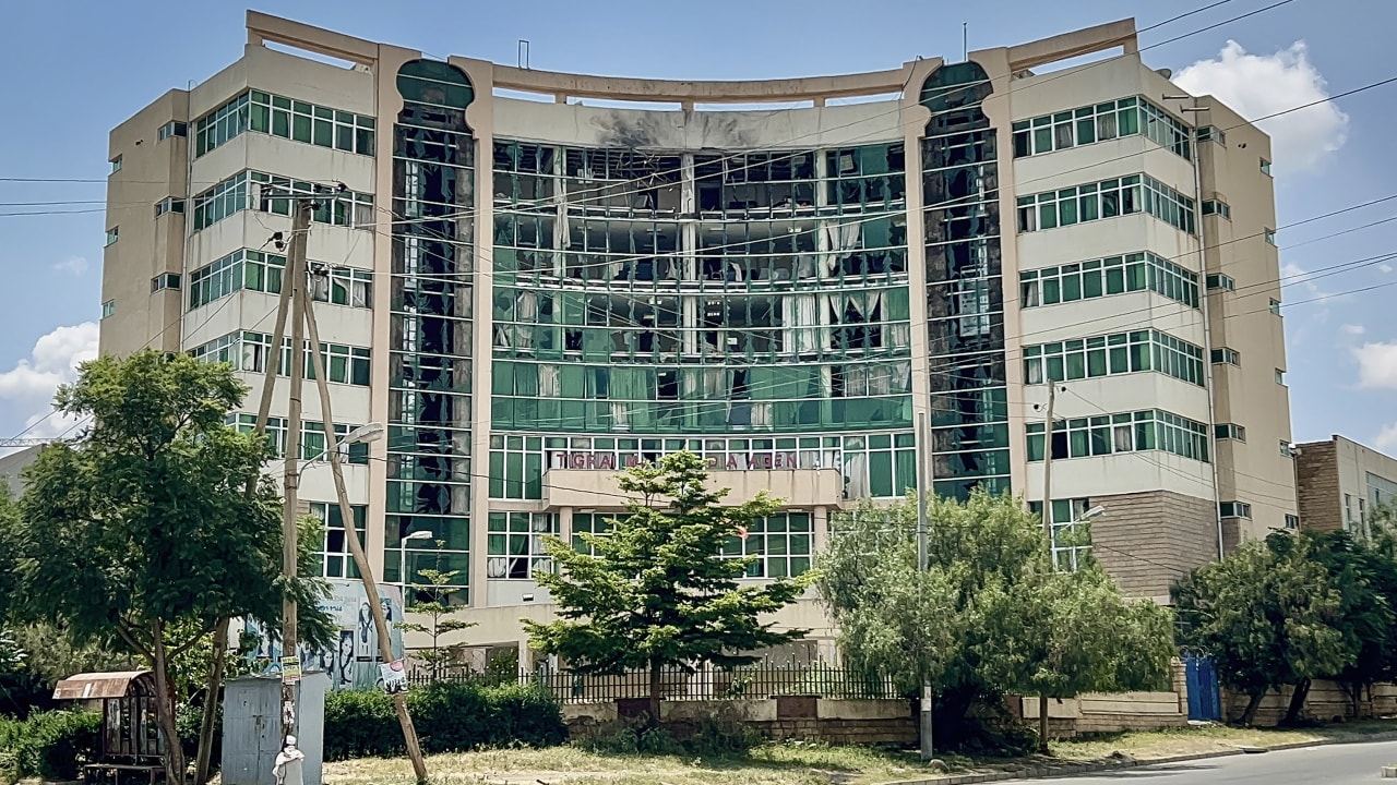 A general view of the damaged building housing Tigray TV, the state broadcaster of Ethiopia's Tigray region, following a drone strike in Mekelle on September 27, 2026.