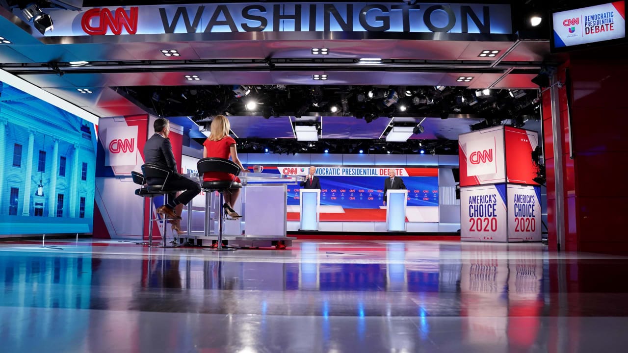 Democratic US presidential candidates Senator Bernie Sanders and former Vice President Joe Biden at the 11th Democratic candidates debate of the 2020 US presidential campaign in Washington.