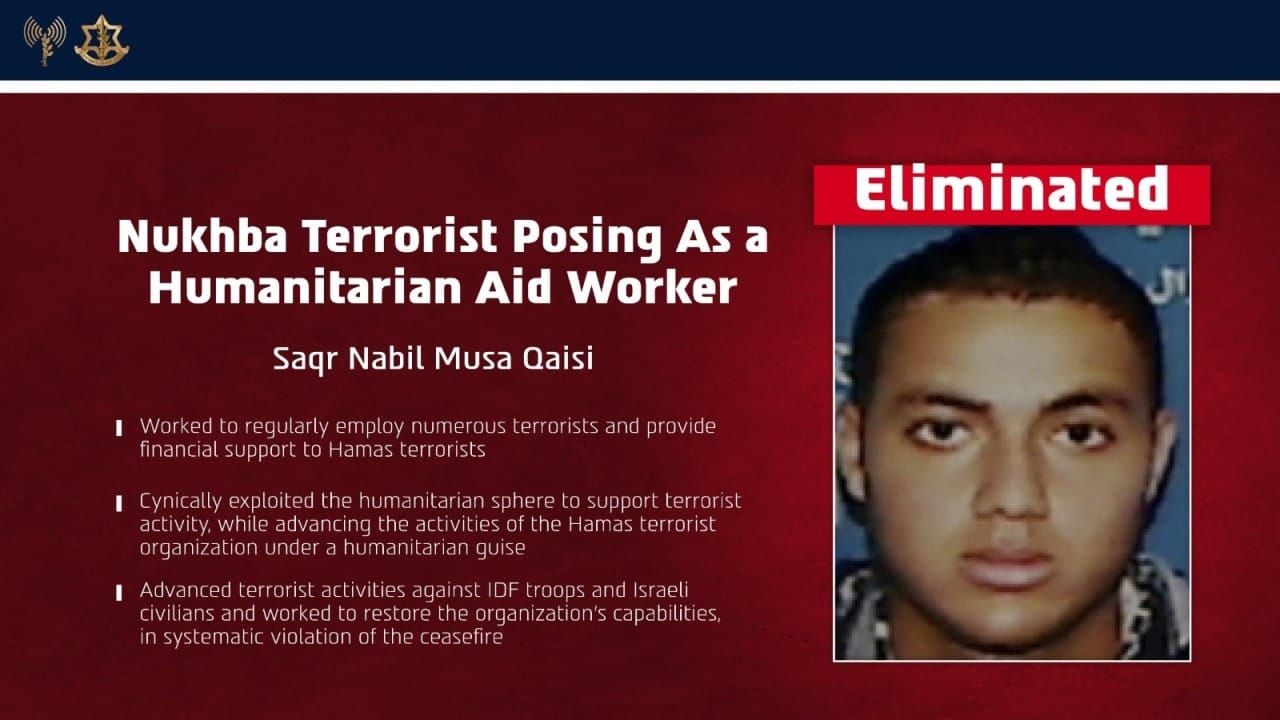 An IDF biographical infographic on Hamas terrorist  Saqr Nabil Musa Qaisi a Nukhba terrorist in the Hamas terrorist organization, published October 4, 2026.