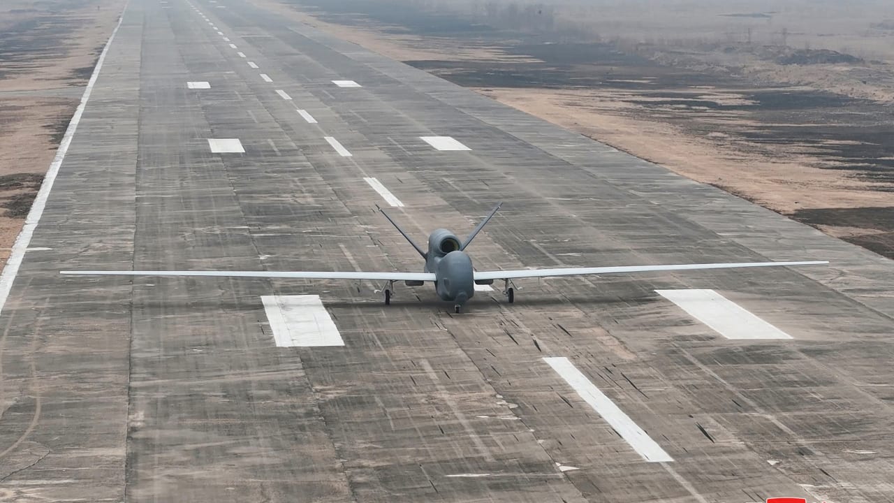 A suicide drone equipped with artificial intelligence (AI) technology is pictured on a runway, on the day North Korean leader Kim Jong Un guides defense science research projects, in this photo released by North Korea's official Korean Central News A