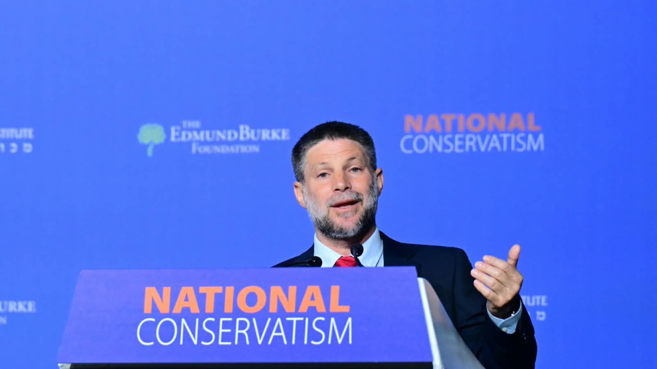 Finance Minister Bezalel Smotrich speaks at the National Conservatism Conference, or NatCon, in Jerusalem on October 6, 2026.