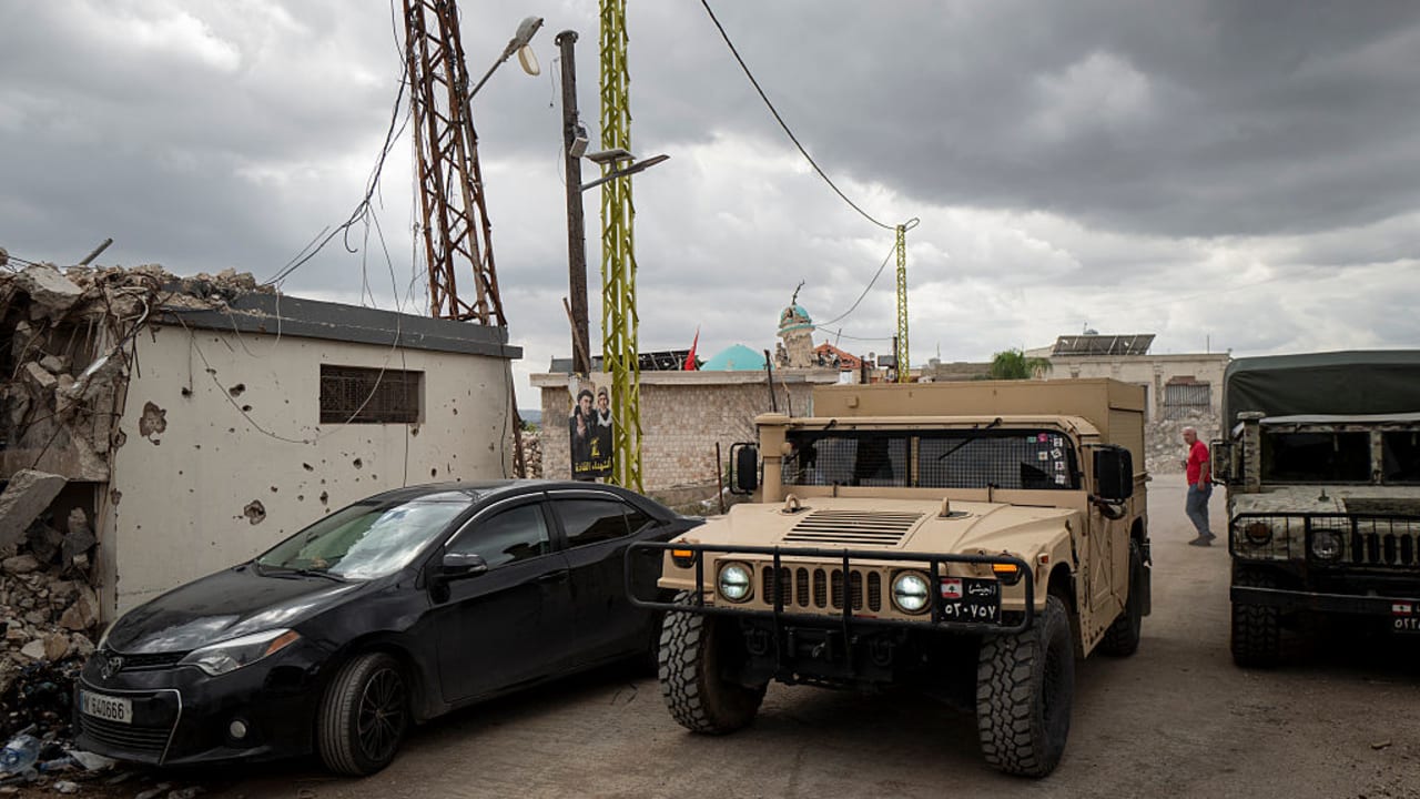 An army vehicle patrols around the town on September 30, 2026 in Zawtar Al-Gharbiyah, Lebanon.