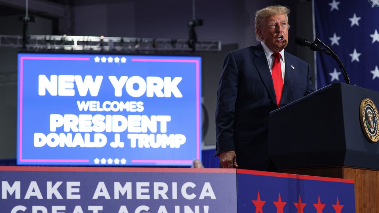 U.S. President Donald Trump speaks during an election rally at the Oncenter on October 09, 2026 in Syracuse, New York.