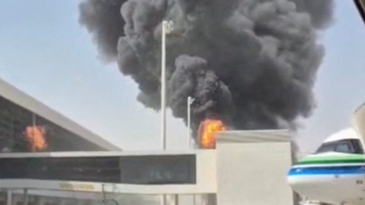 Smoke and flames rise from King Khalid Airport, after Yemen’s Iran-backed Houthis said they attacked the airport, in Riyadh, Saudi Arabia, October 8, 2026, in this screengrab obtained from a social media video.